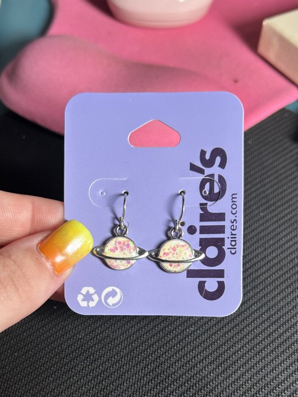 Claire's Glitter Planet Saturn Dangle Drop Earrings Silver Pink Celestial NWT